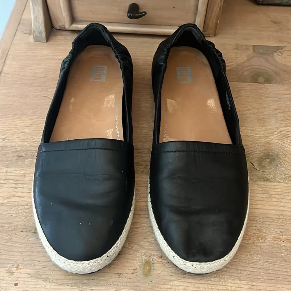 FitFlop Siren Espadrille Flats Black Leather Slip On Jute Detail Size 7.5